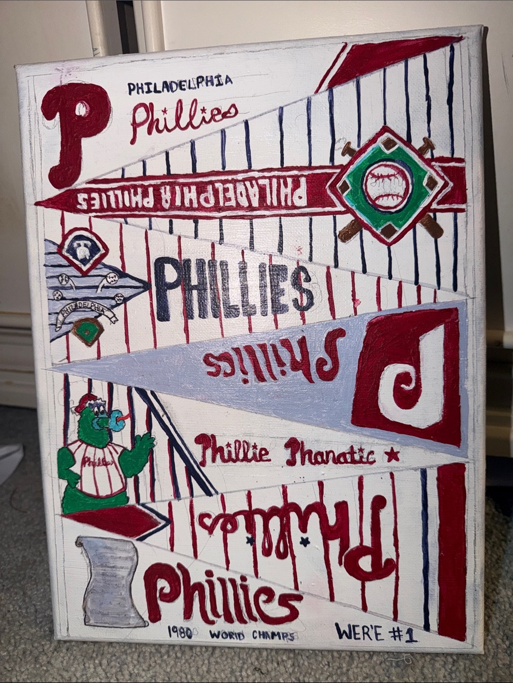 Philadelphia Phillies Red & White Fan Art Canvas Hand painted by Bayleigh London